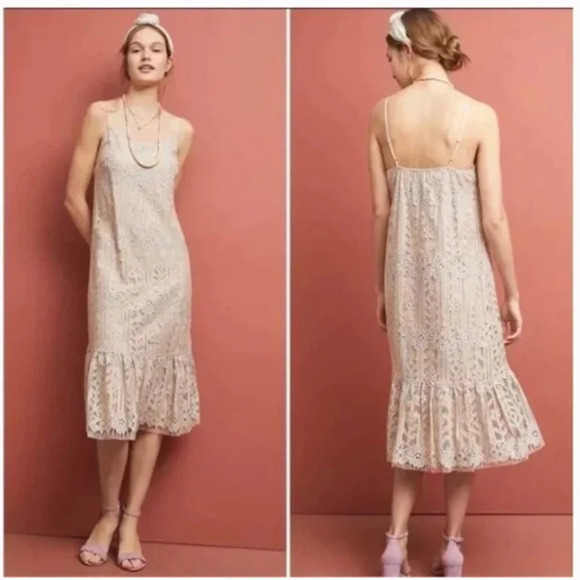Anthropologie Eri + Ali Nude And Blue Twilight Lace Midi Dress Size S EUC - Picture 1 of 8